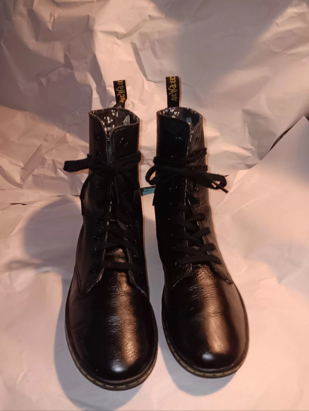 Dr Martens Stratford Black Leather Boots With Floral Interior Sz 8